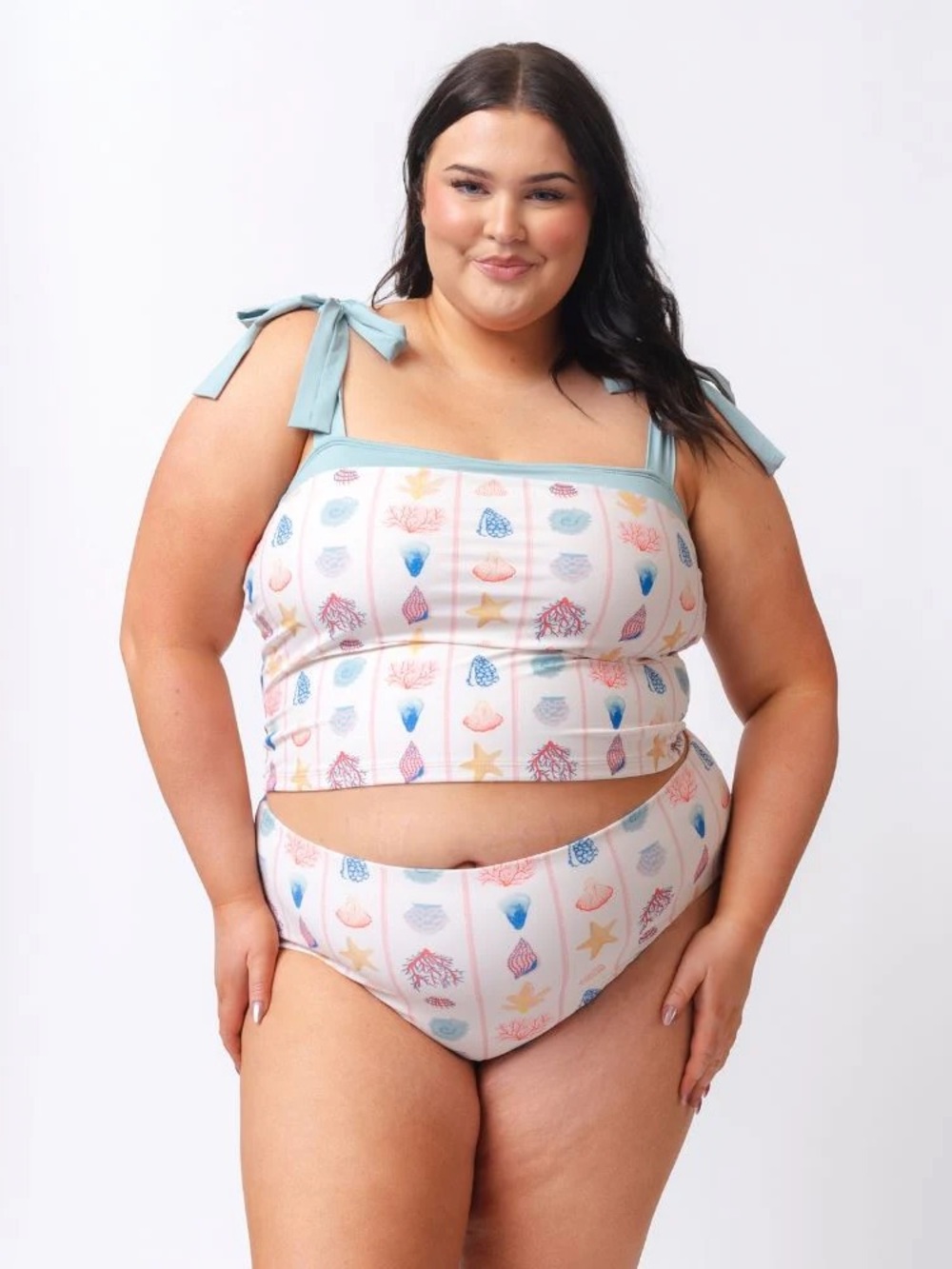 Striped Seashell Print Bikini Set with Tie Shoulders